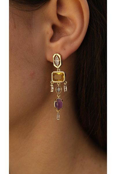 Jerie Gold Geometric Yellow and Purple Stone Detailed Design Earrings
