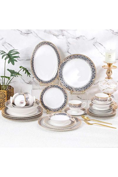Danube Home Charlotte 32-Piece New Bone China Dinner Set -Serves 6 Gold