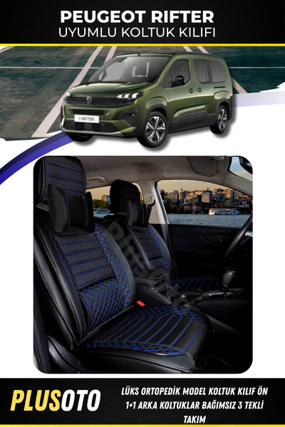PlusOto بيجو ريفتر متوافق مع الخلفية 3 سينجل بلس لوكس سلسلة أسود أزرق غطاء مقعد السيارة مجموعة من 5
