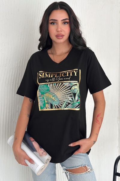 FEMELLE Women's Black V-Neck Large Size Leaf Sequin Sequin Embroidered 100% Cotton Large Size T-Shirt