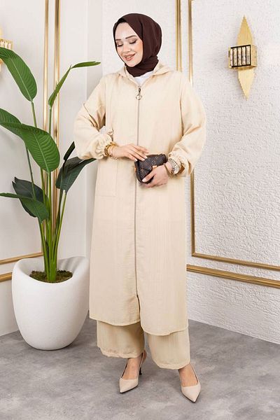 Tesettür Dünyası Hooded Zippered Suit Tsd250167 Beige