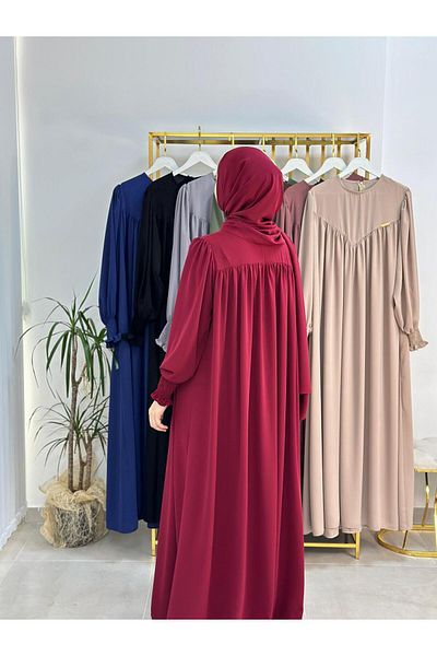 R&S modibone Suit with Shawl,Modest Front V Model Gathered Dress,Abaya Hijab,Ferrace Suitable Burgundy in Hajj and Umrah