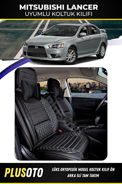 PlusOto مجموعة أغطية مقاعد السيارة المتوافقة مع سلسلة Mitsubishi Lancer Plus Lux باللونين الأبيض والأسود مكونة من 5 قطع P-400