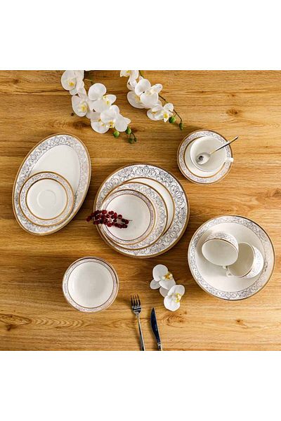 Danube Home Royal 32-Pc New Bone China Dinner Set -Serves 6-White/ Gold