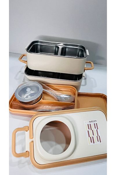 Uzspace Stainless Steel 1200ml Two Layer Insulated Lunch Box with Fork Spoon Sauce Bowl Lunch Box 8023-49