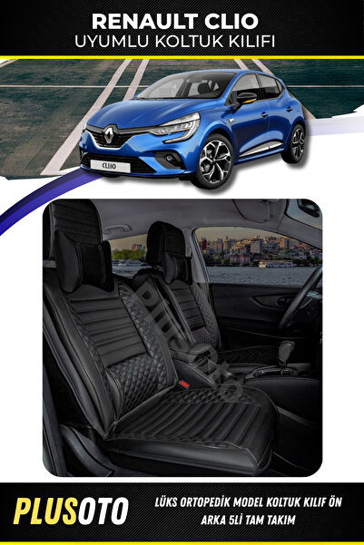 PlusOto مجموعة أغطية مقاعد السيارة السوداء المتوافقة مع سلسلة Renault Clio Pl...