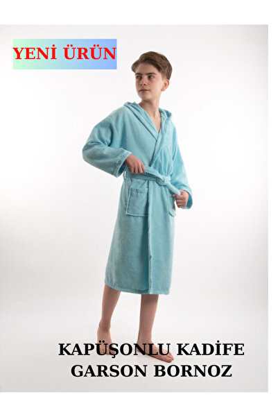 ROZET TEKSTİL Pamuklu Kapüşonlu Genç Garson Boy Unisex Cepli Bukle Kadife Bornoz