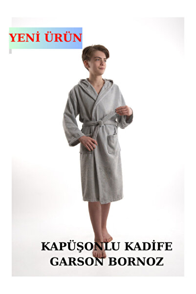 ROZET TEKSTİL Pamuklu Kapüşonlu Genç Garson Boy Unisex Cepli Bukle Kadife Bornoz