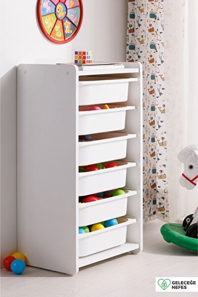 Babywhen Bw 2310 - Bebek Çocuk Oyuncak Dolabı - Oyuncak Sandığı - Oval Kenar - 6 Raflı - Beyaz - 45x88 Cm