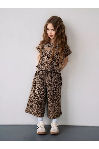 Magu Girl's Cotton Brown Leopard Print Set - Short Sleeve T-Shirt and Wide Leg Pants