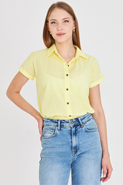 armonika Women's Yellow Short Sleeve Linen Shirt ARM-24Y001038