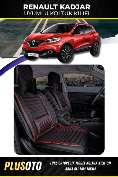 PlusOto مجموعة غطاء مقعد السيارة المتوافقة مع سلسلة Renault Kadjar Plus Lux باللون الأسود والأحمر مكونة من 5 قطع P-534