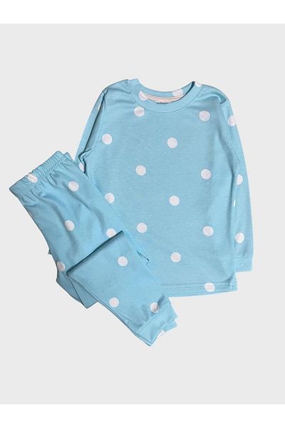 tusem butik homewear Girl's 100% Cotton Blue and White Polka Dot Print Long Sleeve Winter Pajamas Set