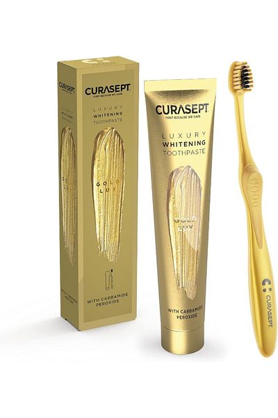 CURASEPT معجون أسنان جولد الفاخر لتبييض الأسنان، 75 مل + فرشاة أسنان