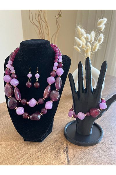 Büyük Hanım Boho Style Resin Purple Color Necklace Earrings Bracelet Set