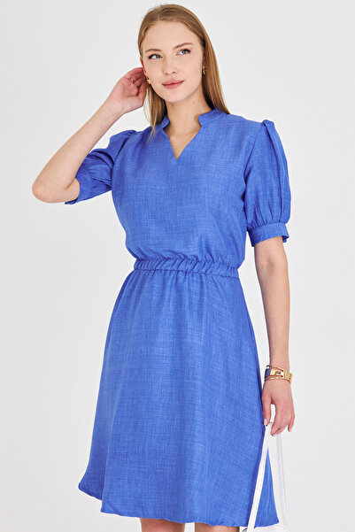 armonika Rochie evazată cu mânecă scurtă, albastră, cu decolteu în V, cu talie elastică ARM-25Y001001