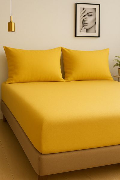 Mode More Yellow Color 100% Cotton Combed Fabric Fitted Elastic Bed Sheet