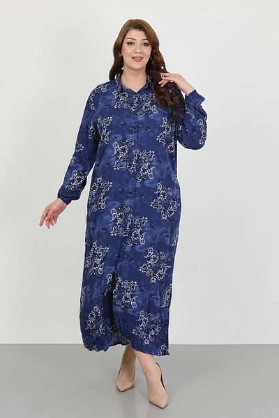 By Alba Collection Women's Navy Blue Patterned Cotton Viscose Large Size Dress