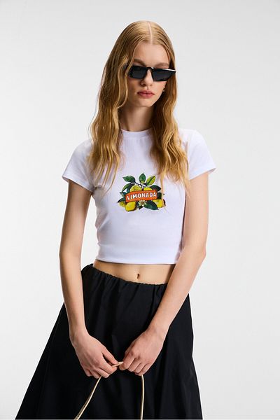 GRIMELANGE Tessira Women's 100% Cotton Crew Neck Printed Slim Fit White T-Shirt