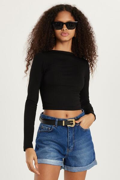 Tudors Women's Slim Fit Slim Fit Crew Neck Back Detailed Black Blouse