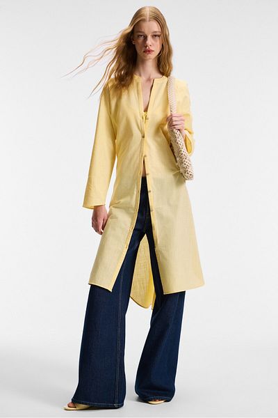 GRIMELANGE Acallar women's 100% cotton linen look casual long oversize fit yellow dress