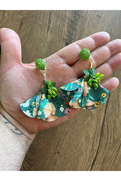 Büyük Hanım Tatil Stil Kumaş Renkli Boho Tasarım Yeşil Küpe