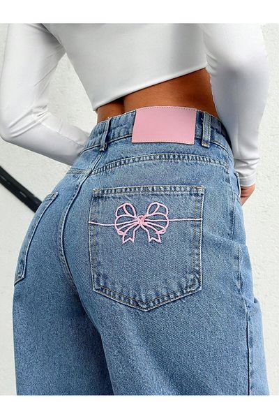 By Caspita Fashion Lenithra Femei Talie înaltă Albastru Palazzo Roz Panglică Brodată Cu picioare largi Denim Jean Lycra Free