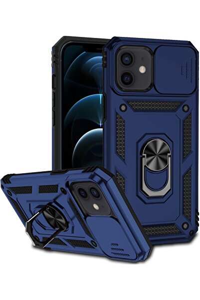 Rivor Apple iPhone 12 Mini Kılıf Kamera Sürgülü Standlı Yüzüklü Darbe Emici Z...
