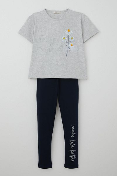 Breeze Girl's Tights Set with Flowers & Text Printed Bow, Age 5-10, Light Gray Melange