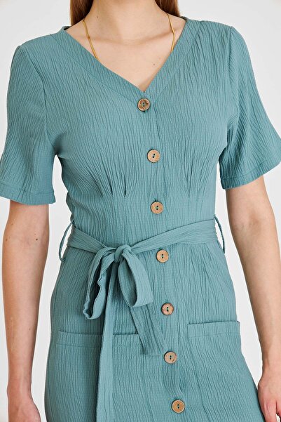 armonika Women's Turquoise Buttoned Belted Collar Detail V-Neck Dress Arm-25Y001058