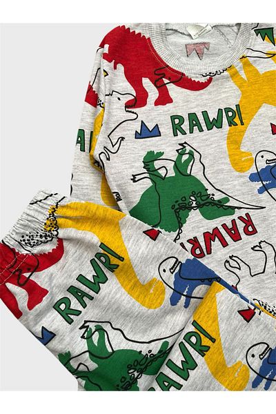 tusem butik homewear Boy's Cotton Gray Dinosaur Patterned Long Sleeve Seasonal Pajamas Set