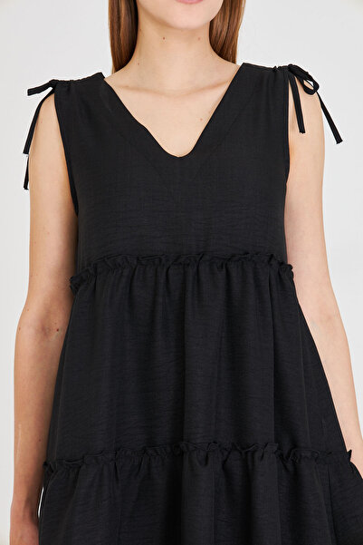 armonika Women's Black V-Neck Ruffle Sleeveless Shoulder Tie Dress Arm-25Y001061