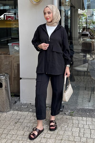 Tesettür Diyarı Women's Summer Fabric Zippered Sports Suit-Black
