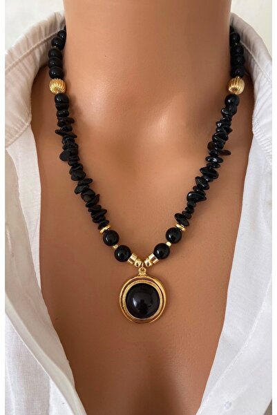 TARZ-I TAKI قلادة نسائية من الحجر الطبيعي الأسود 8 مم من حجر العقيق والحجر ال...