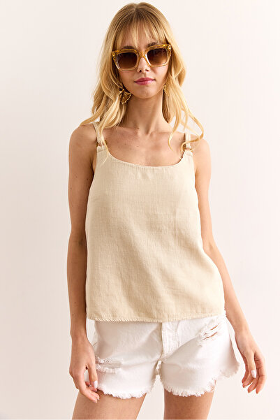 Olalook Women's Stone Strap Accessory Washed Buckle Linen Blouse Blz-19002991