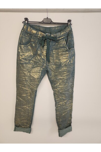 della moor Women's Green Italian Varaklı Shiny Pattern Stretch Fabric Trousers