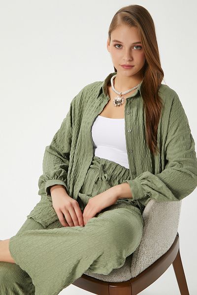 Ritnice Women's Ariana Seersucker Elastic Waist Cagla Pants Shirt Bottom Top Set