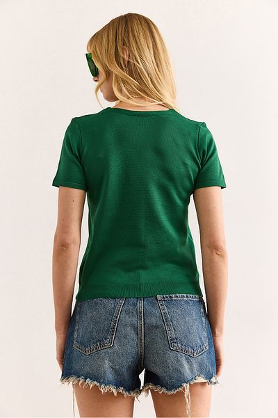 Olalook Γυναικεία Grass Green V λαιμόκοψη κοντομάνικη βασική πλεκτή μπλούζα BLZ-19002982
