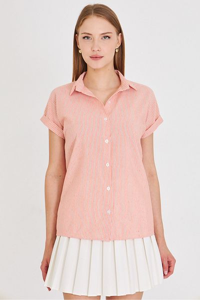 armonika Women's Orange Striped Short Sleeve Shirt Arm-25Y001059