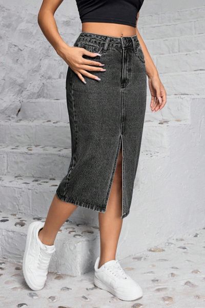 CEDY DENIM Висококачествена миди дълга пола с цепка от гъвкав ликра деним C624 - сива