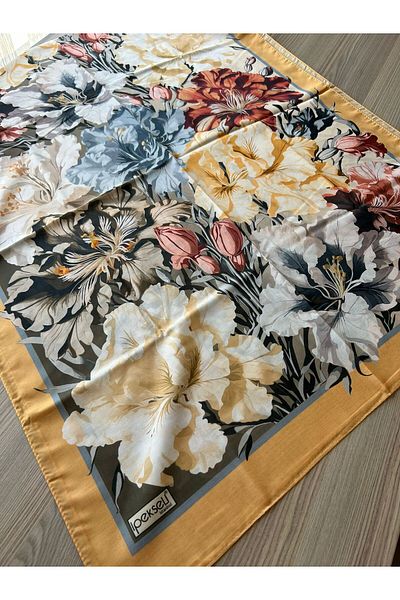 İpekseli Silky Flower Pattern Cotton Shawl Mustard
