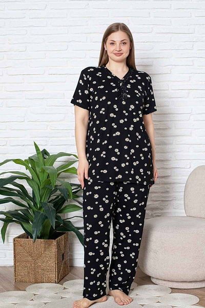 ALİMER Plus Size Pajama Set - Black Daisy Pattern Short Sleeve Lycra Viscose 2855Kyb