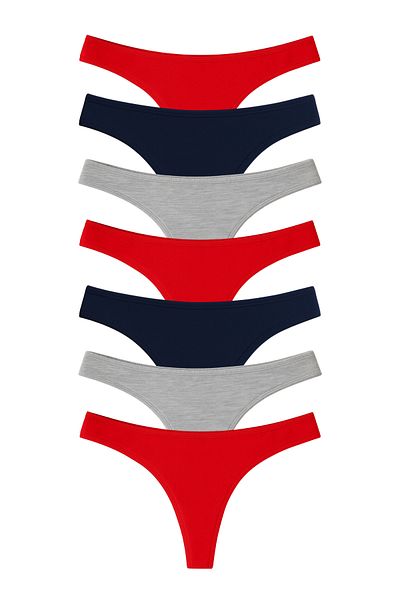 LİBELLA İÇ GİYİM Women's Cotton Lycra Thong Panties Pack of 7 - Red, Grey and Navy Blue Color