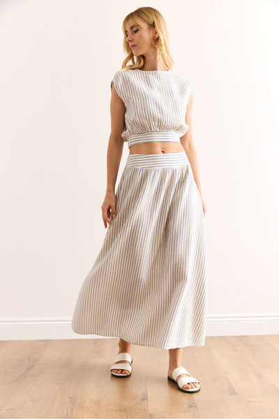 Olalook Women's Blue Striped Back Drop Six-Striped Striped Crop Muslin Blouse Blz-19002990