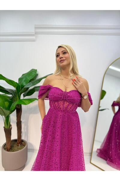 E&A Eren Abiye Madonna Yaka Boncuk İşlemeli Prenses Abiye