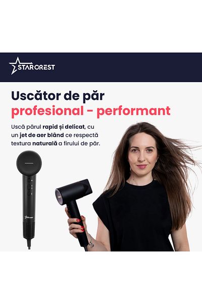 STARCREST Uscator De Par Shd-2bk, 1600 W, 110.000 Rpm, Ionizare, 3 Trepte De Temperatura, Negru