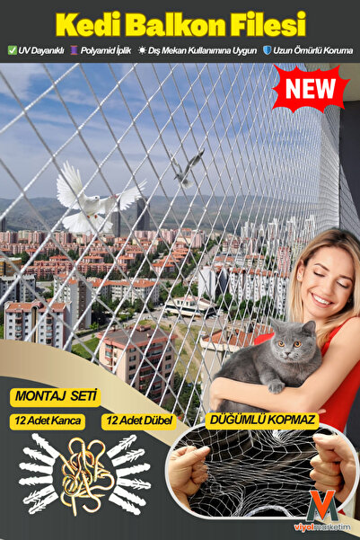 viyolmarketim Balkon Filesi 2,5x12 Metre Kuş Filesi Kedi Filesi Kuş Ağı Kuş Ö...