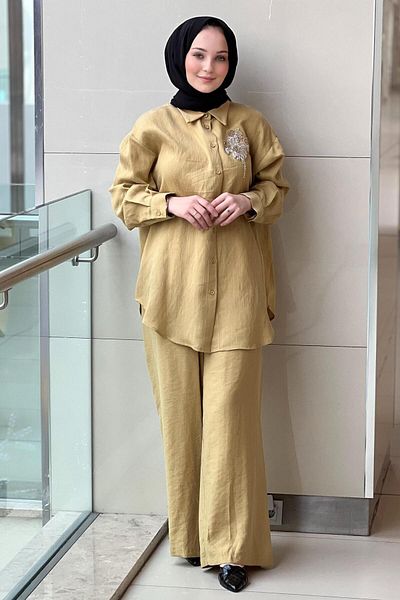 Nurcan Çetin Striped Shirt and Embroidered Trousers Suit