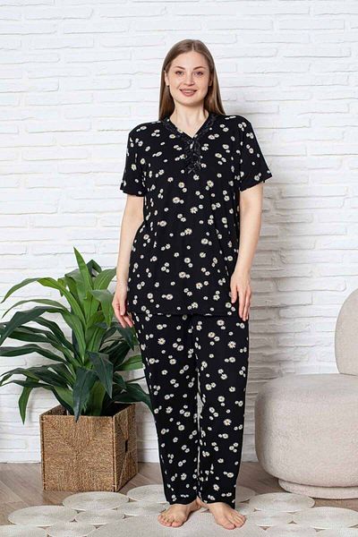 ALİMER Plus Size Pajama Set - Black Daisy Pattern Short Sleeve Lycra Viscose 2855Kyb