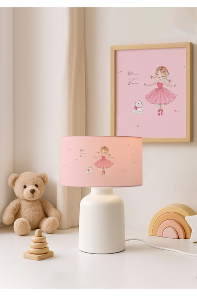 HOMİNG Fabric Printed Pink Ballerina Heart Girl's Room Lampshade Ayd-3047